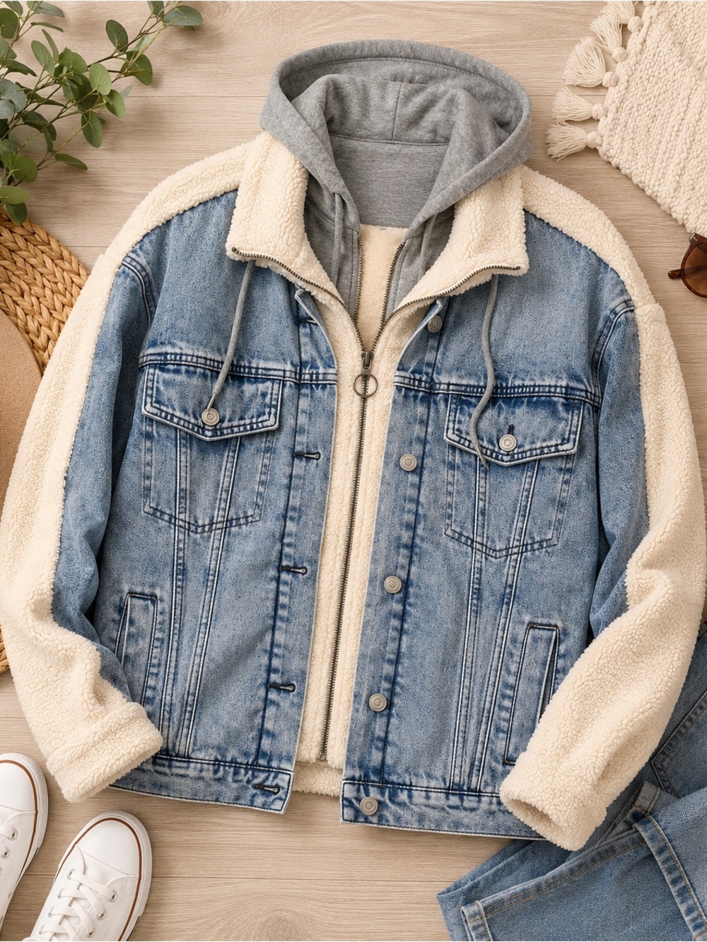 Stoosh Premium Sherpa Lined Hooded Denim Jacket Large Cozy Fleece Jean Jacket